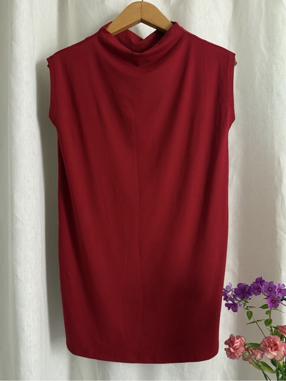 Eileen Fisher Funnel Neck Tunic XS Red Viscose Jersey Cap Sleeve Top 168